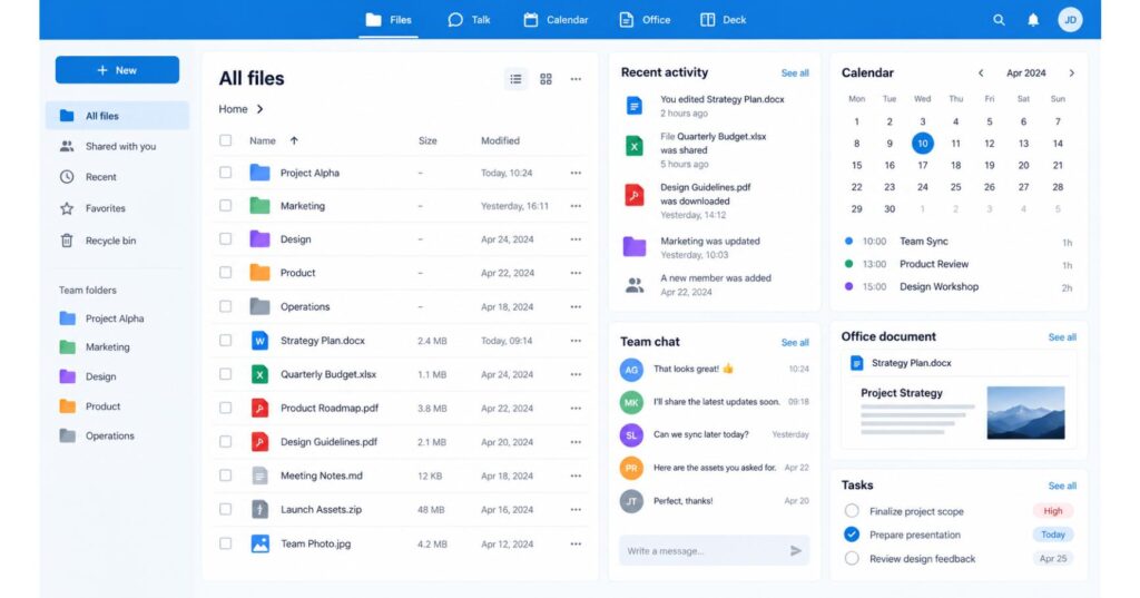 ابزارهای Files، Talk، Calendar، Office و Deck در Nextcloud Hub